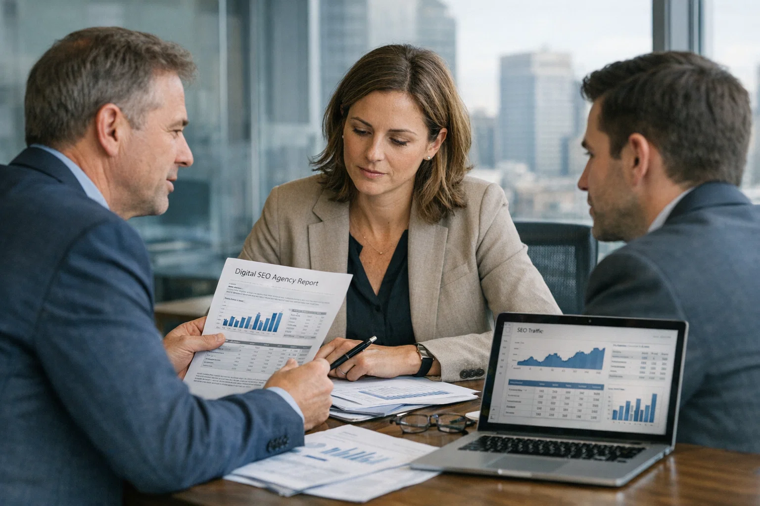 SEO consulting analytics session with marketers analyzing growth charts and KPIs.