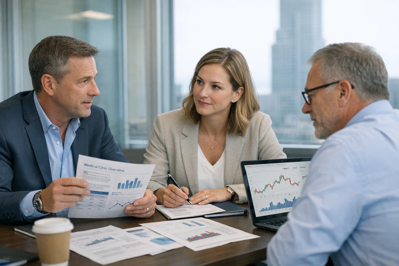 Woman presenting a medical practice investment report to colleagues in a corporate meeting